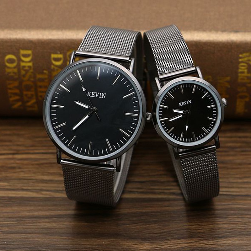 Par de relojes de acero inoxidable con correa de malla para hombre y mujer, relojes sencillos para estudiantes y escuela, reloj minimalista
