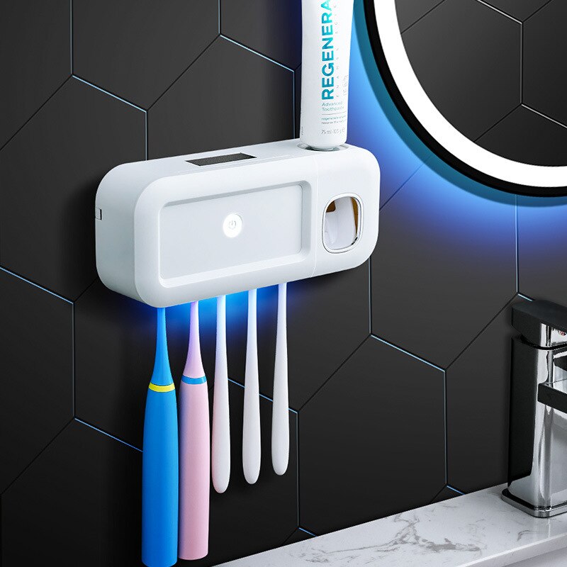 Bathroom Shelf UV Toothbrush Sterilizer Automatic Toothpaste Dispenser Tooth Brush Disinfection Holder Bathroom Accessories Sets