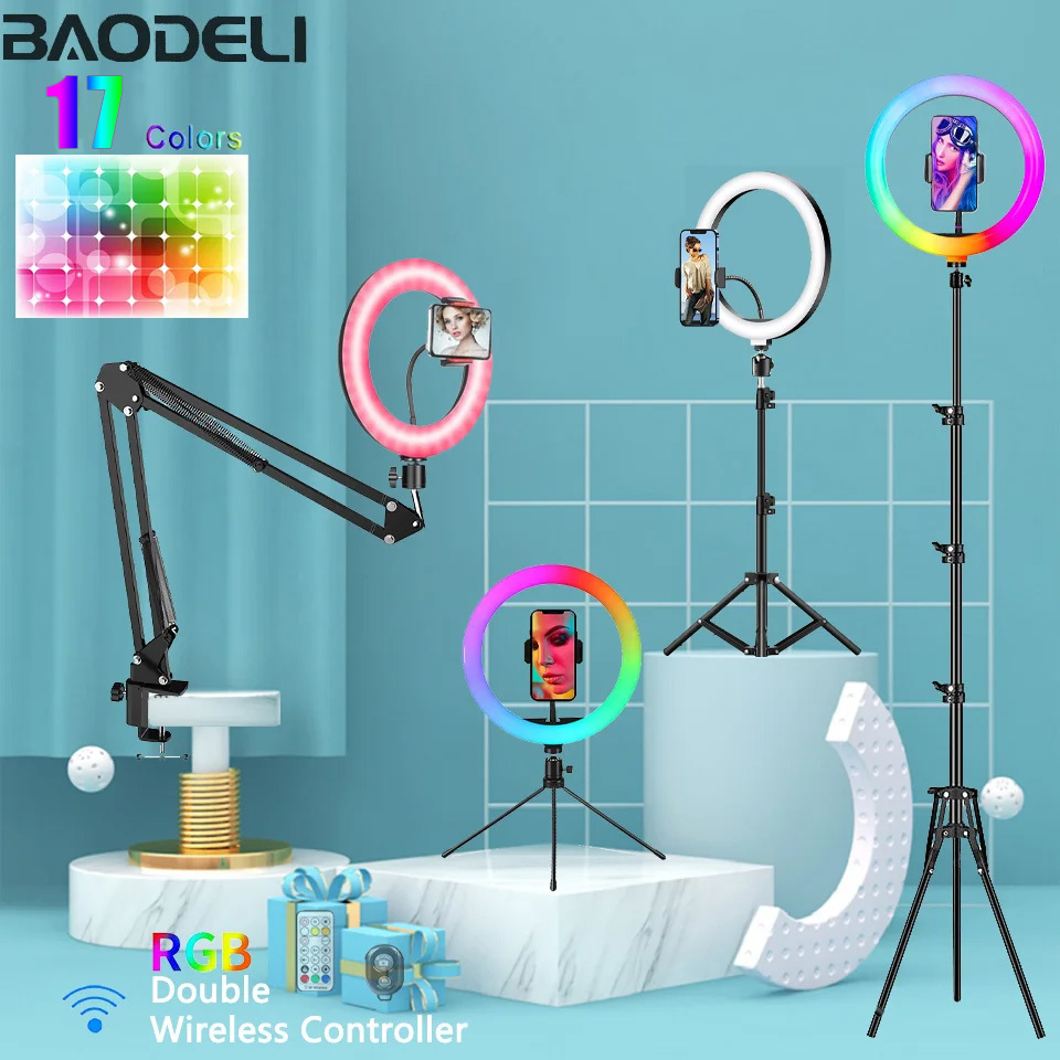 10 pollici RGB Selfie Ring Light Treppiede Supporto per telefono Fotografia RingLight Cerchio Luce di riempimento Lampada a colori a LED Trepied Makeup