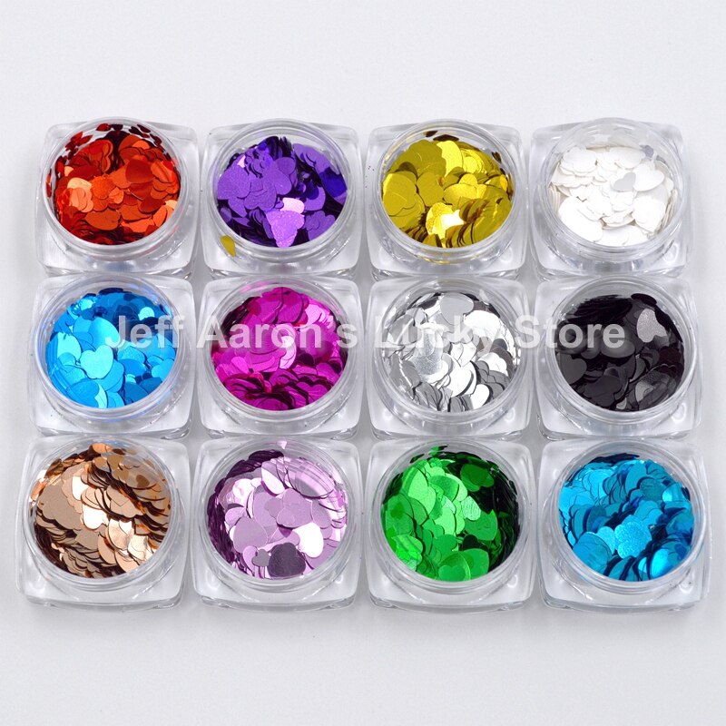 12 Pcs Gemengde Grootte Acryl Hart Nail Art Glitter Pailletten Decals Set Voor Nail Tips Decoratie Tool 12 Kleuren 3mm 4.5Mm 6Mm