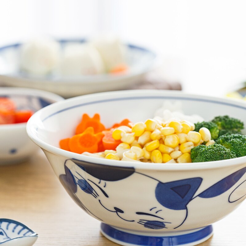 Cute Cat Ceramic Tableware Underglaze Ceramic Noodle Bowl Japanese Blue and White Plate Dessert Plate Bowls and Plates