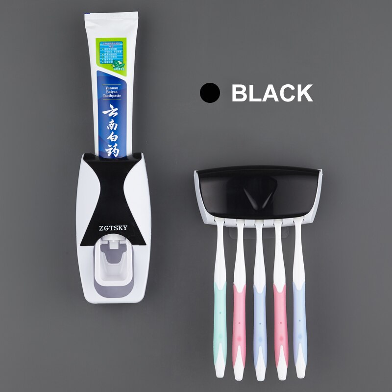 Dispenser automatico di dentifricio, Set di portaspazzolino, aspirazione antipolvere e appiccicosa, spremiagrumi per bagno a parete: Black 2-piece set