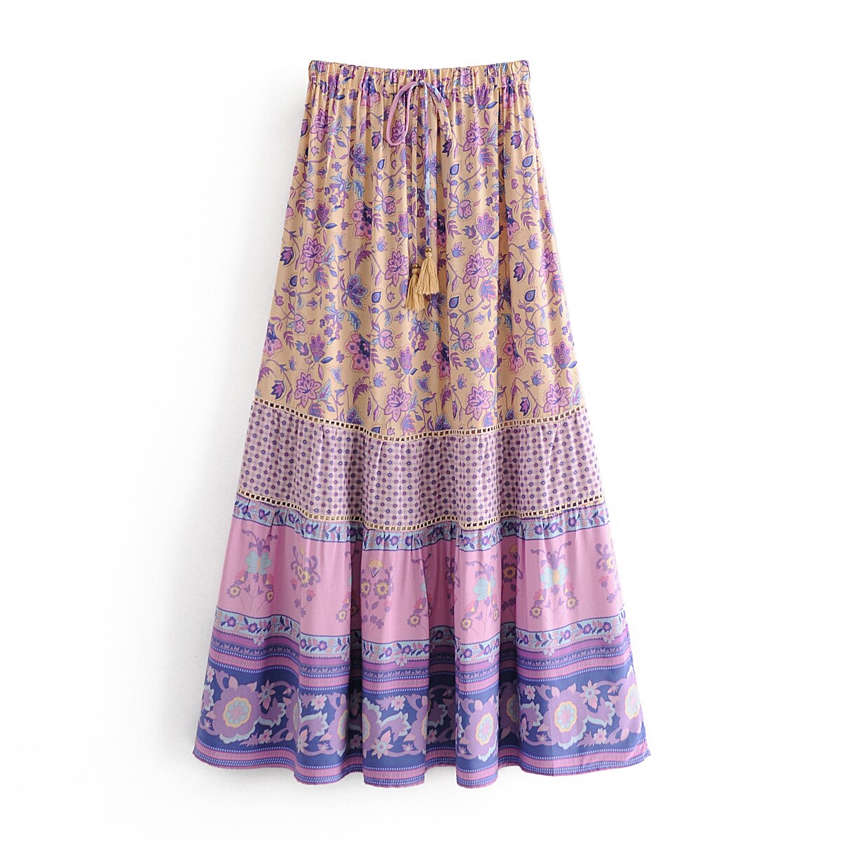 Vintage chic hippie kvinder strand boheme lilla nederdel med blomsterprint høj elastisk talje a-line boho maxi nederdel femme: L
