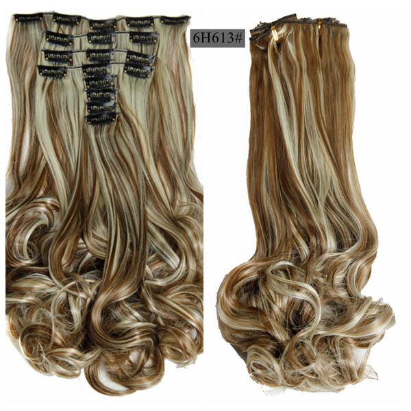 Luksus til fletning 50cm fremhævede farve syntetiske clips ins hårstykker bølget syntetisk clip on hair extensions 50cm 8 stk/sæt: P6/613