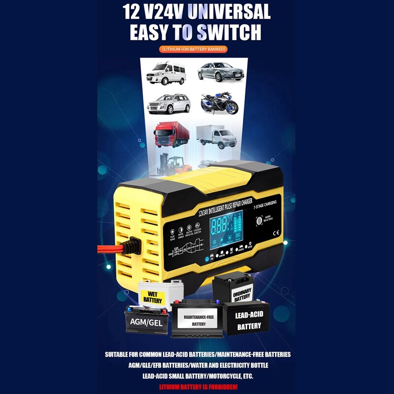 Chargeur intelligent automatique pour batterie de voiture, 12V/10a/24V/5a, avec écran LCD, pour réparation d'impulsions, pour voiture, bateau, SUV