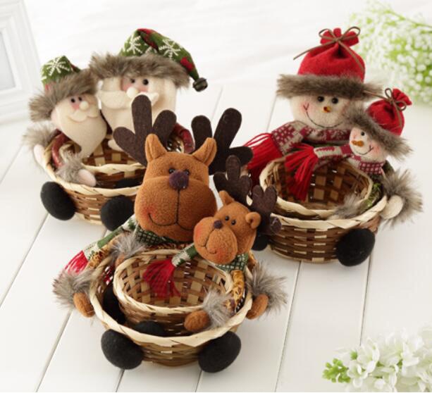 Cesta de mimbre de caramelo tejida a mano de Navidad, caja de embalaje de , bonita cesta de frutas de dibujos animados de Santa Claus, decoración de Navidad de alce y muñeco de nieve