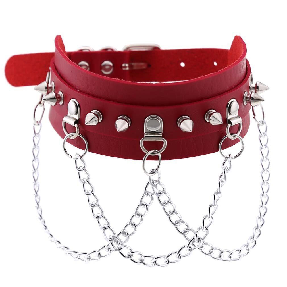 Gothic exaggerated PU leather collar necklace punk metal chain neckband clavicle chain spiked choker big spike choker: red