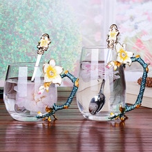 Topp blomster og rhinestones dekorert emalje kaffekopp krus blomst te glass melk kopper legering håndgrep kopper og krus