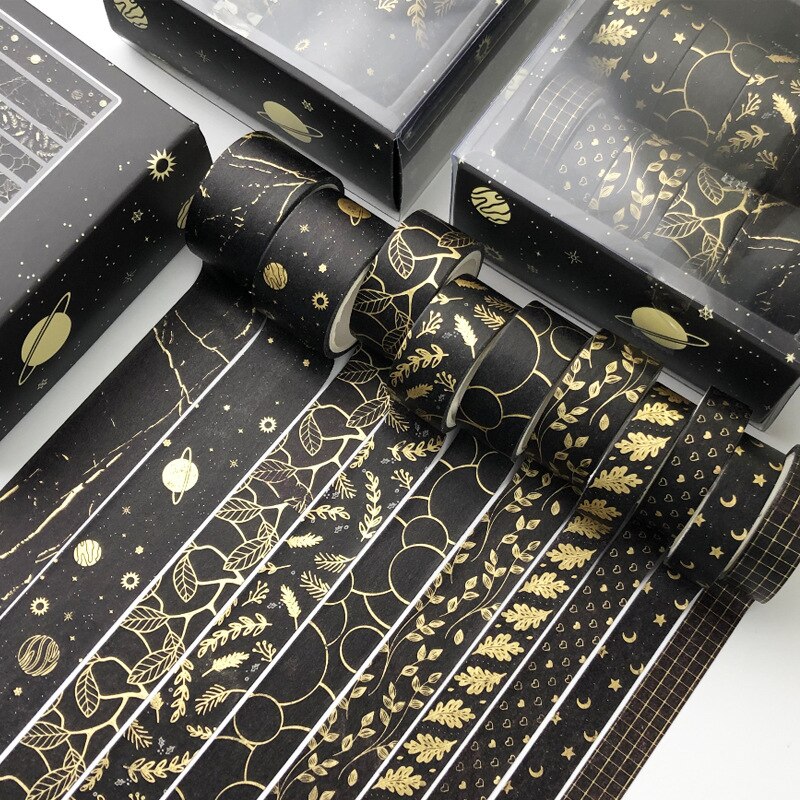10 stk / sæt sort stjernehimmel blade guld washi tape sæt diy dekoration scrapbooking planner maskeringstape etiket mærkat papirvarer