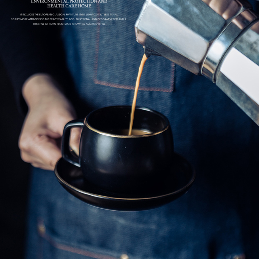 Keramikk kaffe frokost vann kopp og underkop svart pigmentert porselen tekopp sett med rustfritt stål 304 skje beste