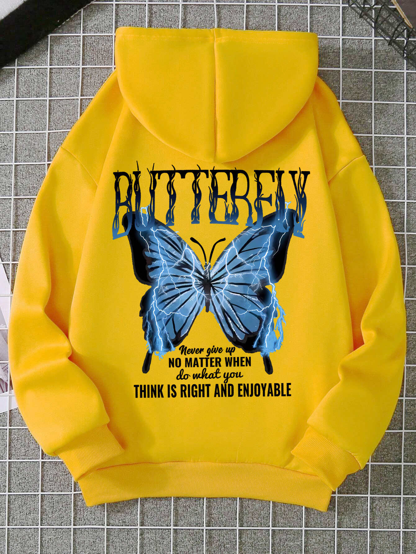 Sweat à capuche imprimé papillon bleu foudre mot femme confortable poche sweat ample doux à capuche vêtements de sport décontractés: M / Marron