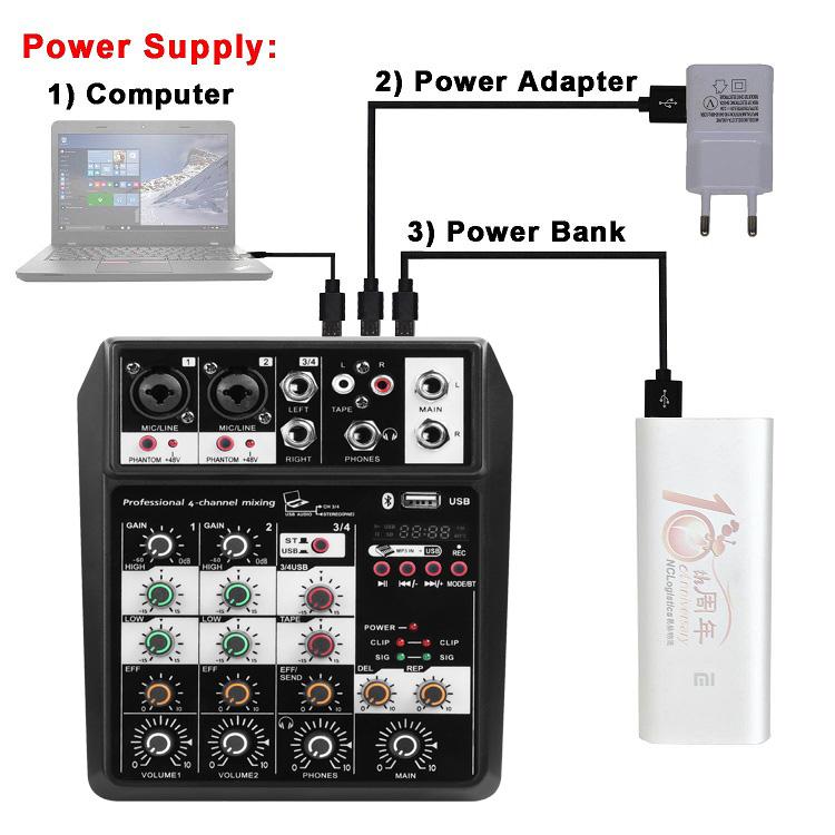 Bluetooth Wireless 4-Kanaals Audio Mixer Draagbare Sound Mixing Console Usb Interface