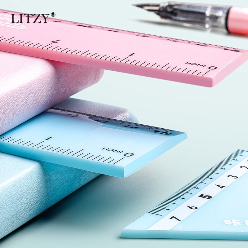 Juego de 4 Uds. LITZY de regla Kawaii, compás matemáticos, papelería escolar, reglas rectas de plástico de 15/20cm, suministros de oficina