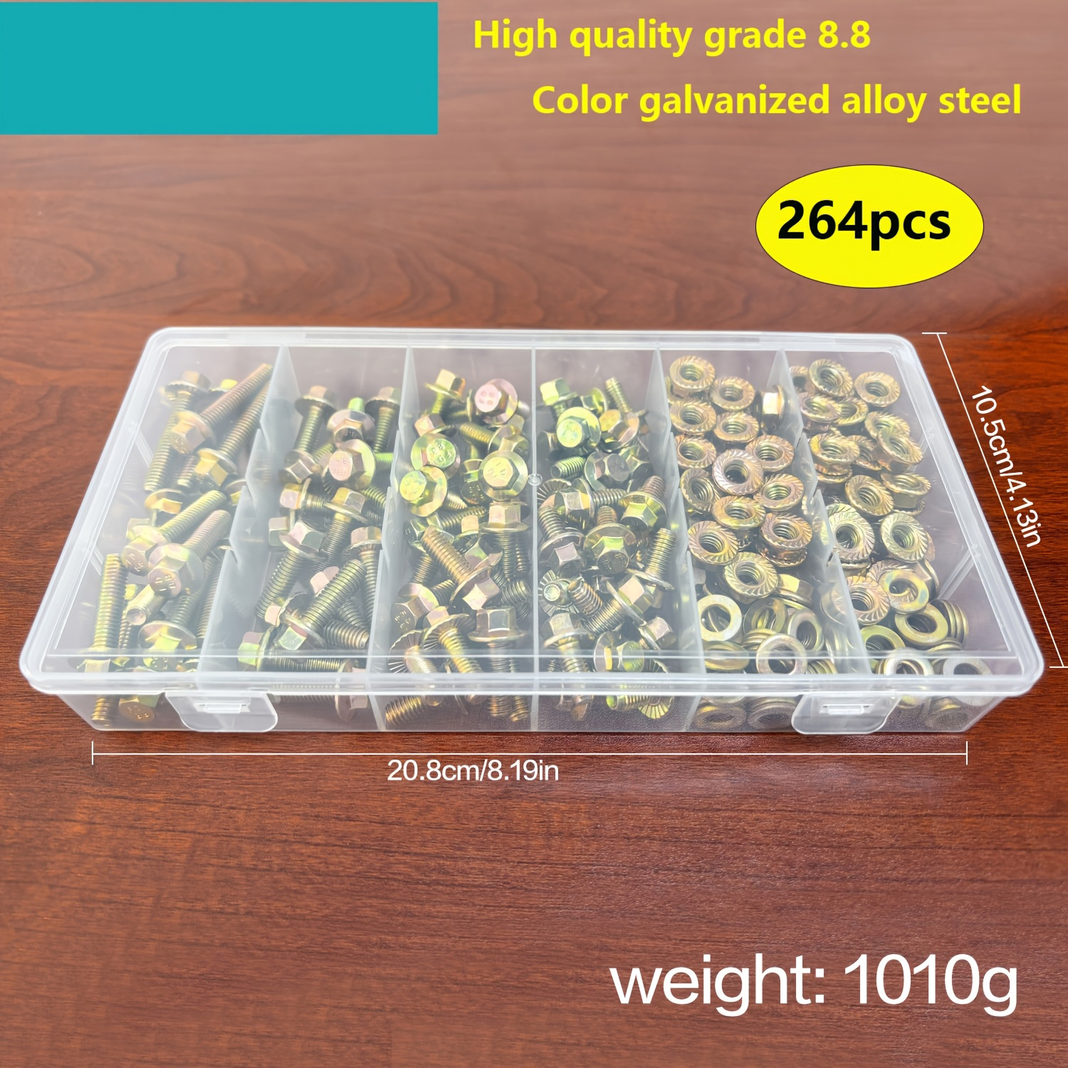 M6-264PCS flange hex head bolt nut washer kit, 8.8 grade alloy steel color galvanized metric flange hex head screw kit