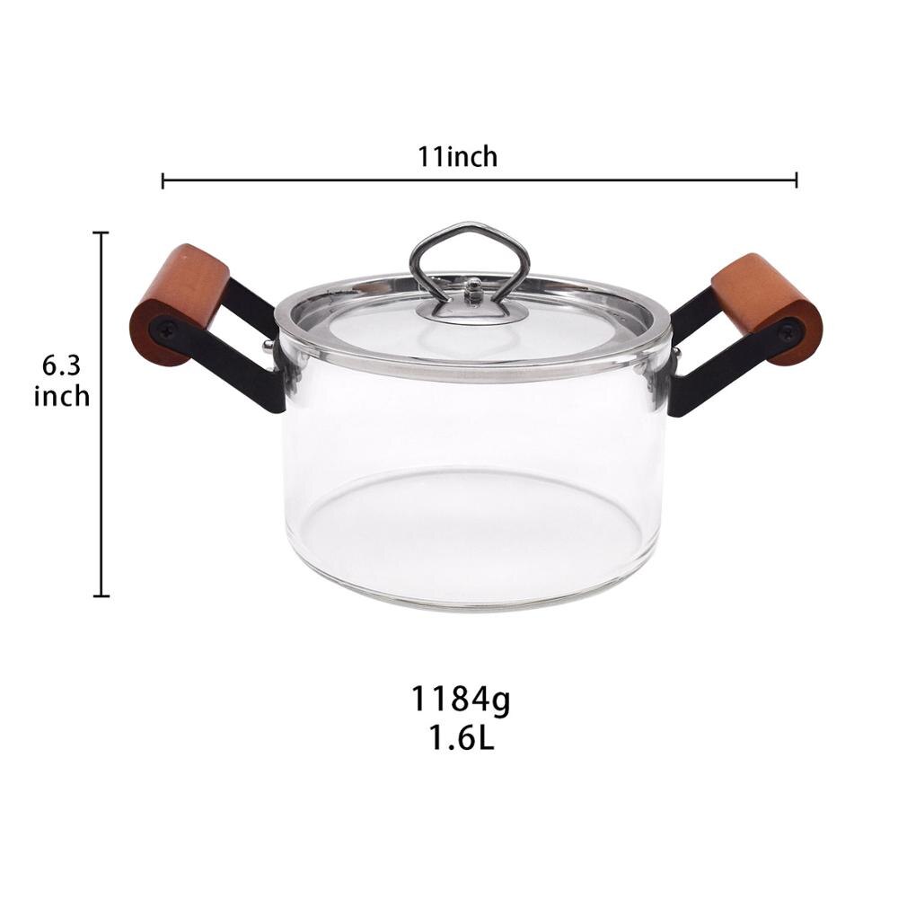 Lasinen kattila puisella kahvalla ja höyryreiällä lämmönkestävä kattila kannella 1.6l