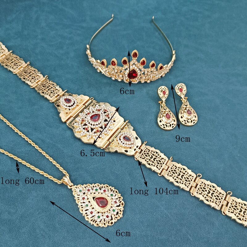 Set di gioielli da sposa arabi, catena in vita dorata, orecchini, collane, Set di copricapo da donna con catena in vita marocchina