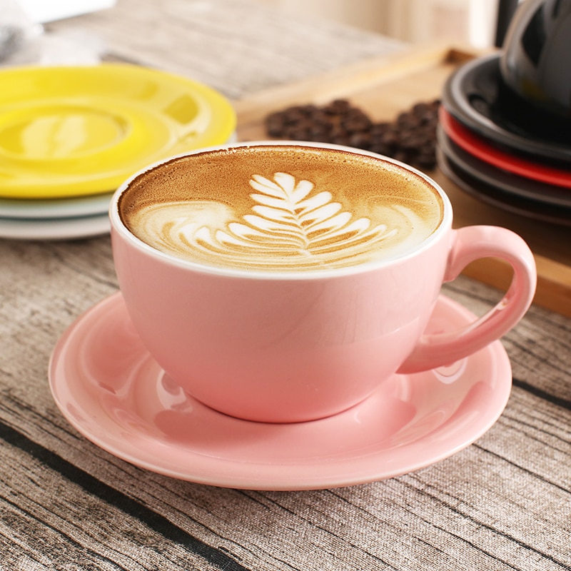 300 ml farverige tykke porcelæns-kaffekopper og underkopper, keramiske lattekopper og underkopper