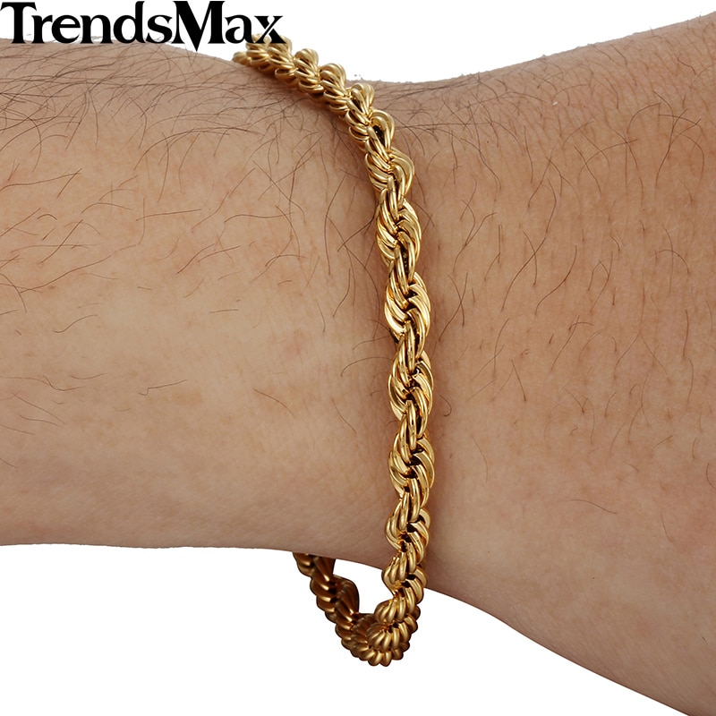 Trendsmax Touw Link Armband Mannen Vrouwen Gold Filled Armband Sieraden 4mm 19.5cm GB216