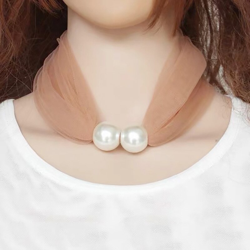 Spring Net Yarn Pearl Scarf Necklace Women Choker Party Jewelry Pure Color Scarf Necklaces: Camel