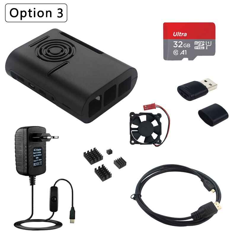 Raspberry Pi 4 Model B Case Abs Shell Plastic Huis Koelventilator Heatsink Hdmi-Compatibele Kabel Voeding Adapter voor Pi 4: Option 3