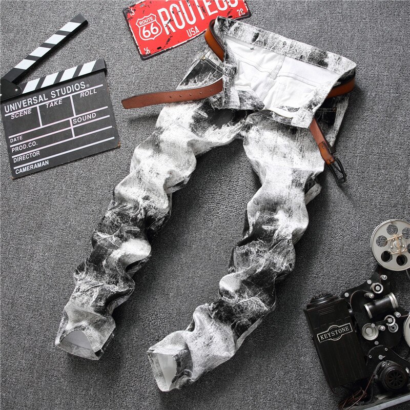 Bedrukte casual broek van katoen, heren slim, koreaanse witte bloemenbroek, europese nachtclub, trendy feestbroek