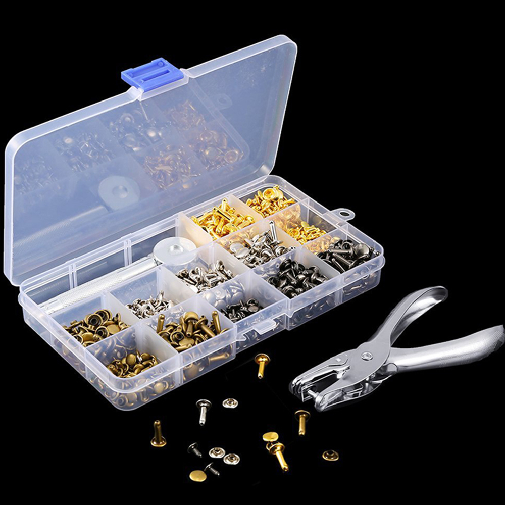 360Pcs 3 Sizes Leather Rivets Double Cap Rivet Tubular Metal Studs With 4 Fixing Set Tools For DIY Leather Craft