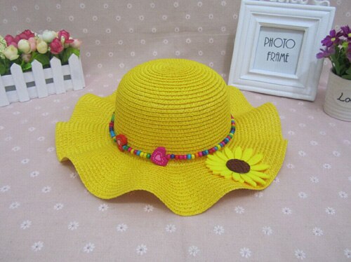 1 Uds Falbala de sombreros de sol para niños Primavera Verano playa sombrero de paja 52 cm circunferencia de la cabeza de 6138: Amarillo