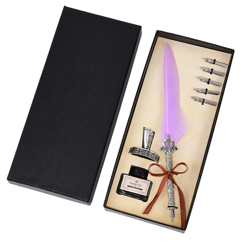 Vintage Antique Feather Dip Pen Metal Nibbed Ink Writing Quill Pen Retro Scrapbooking Feather Pen Set Birthday: 10