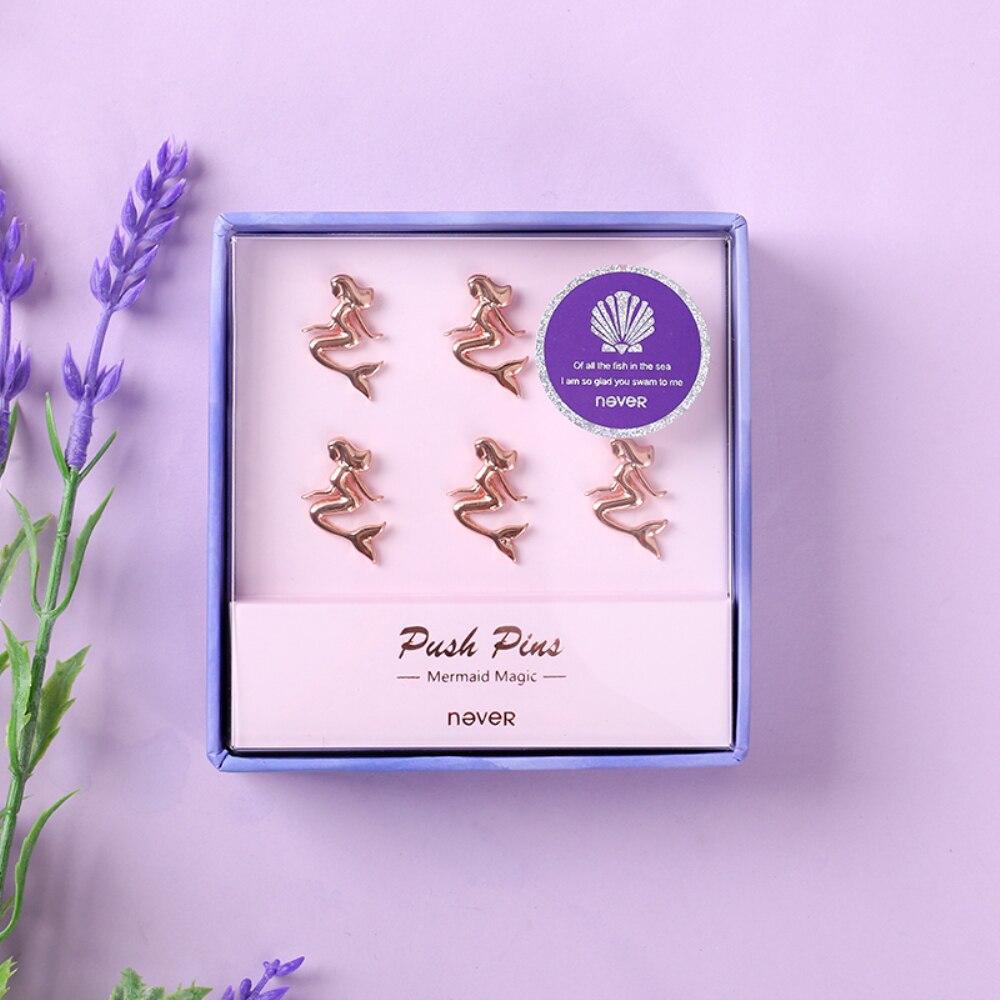 Rose Gold Mermaid Push Pins Decoratieve Thumb Kopspijkers Set van 6 Metalen Markering Tekening Punaises voor Foto Muur Kaart Kurk boards