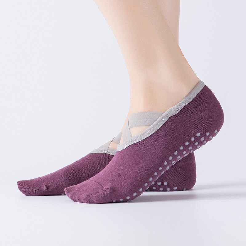 S006B Grey black light pink black Pilates Ballet Dance Cycling Anti Slip Bandage Cotton Sports Yoga Socks: purple