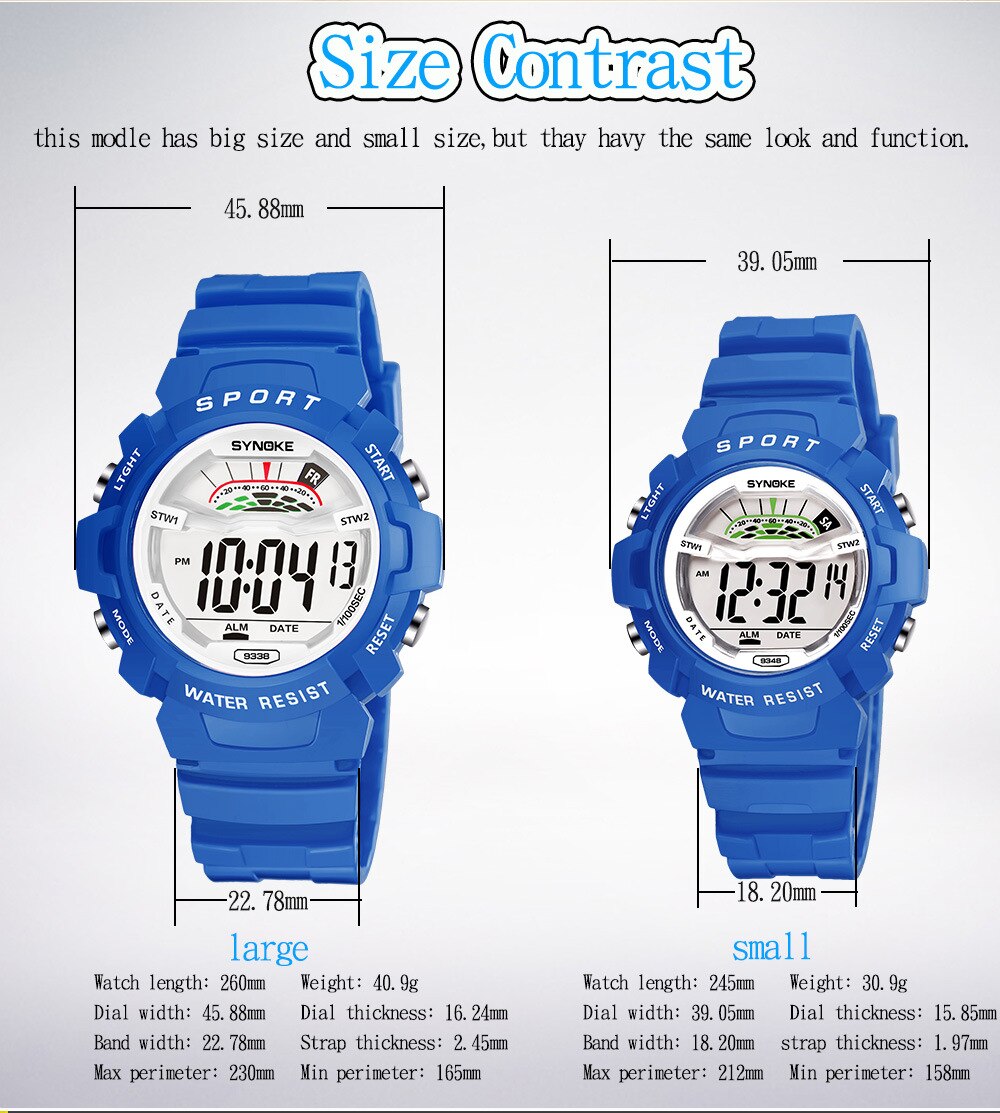 Synoke Jongens Horloges Kids Grote Kleine Horloge 14 Kleuren Waterdicht Wekker Multifunctionele Horloge Relogio Infantil Menina Digitale