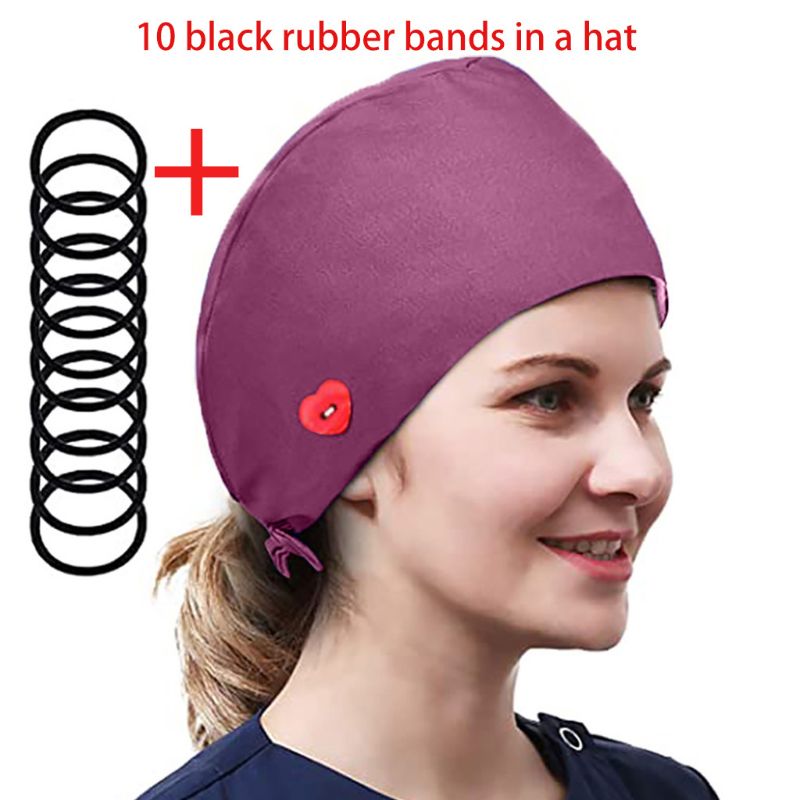 Women Solid Color Buttons Scrub Cap with 10Pcs Hair Ties Bouffant Hat: PL
