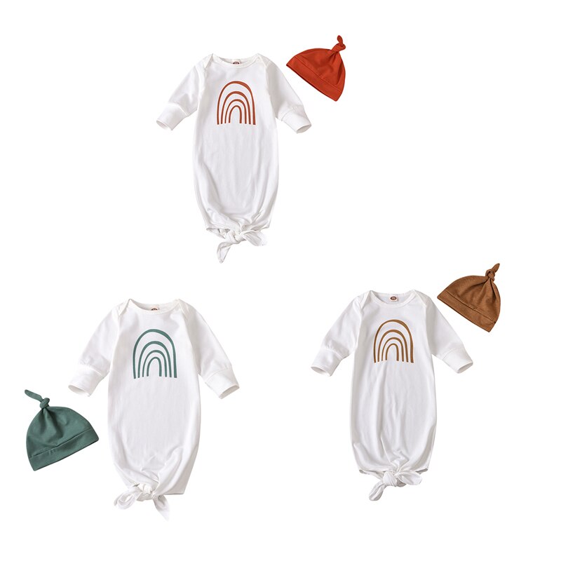 Unisex baby nattøj hat fuld længde almindelige ærmer rund hals printet bomuld bløde behagelige natkjoler