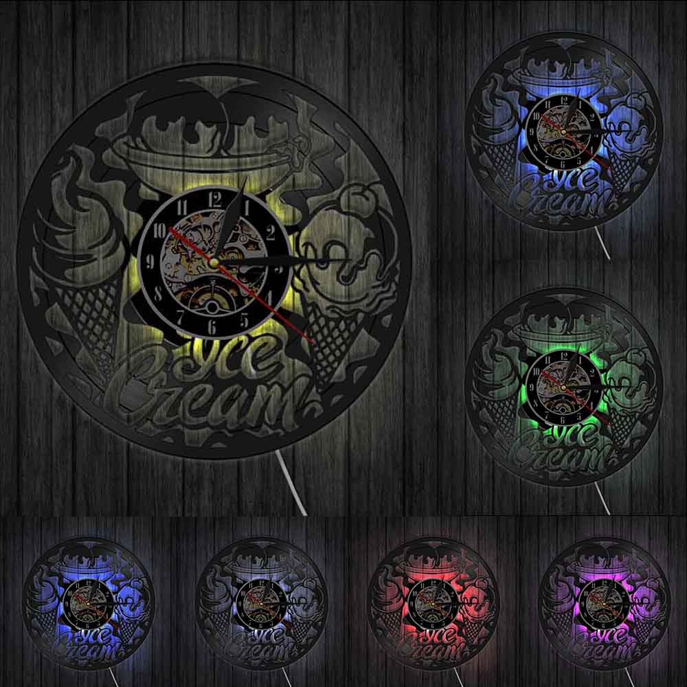 Ijssalon, bedrijfsbord, wandklok, keukendecoratie, moderne ijshoorn, dessert, vintage vinylplaat, wandklok