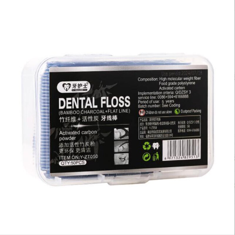 50 Stks/set Bamboe Dental Floss Tanden Stok Tand Picks Rager Wit/Zwarte Tanden Schone Tandenstoker Flosser Met Doos