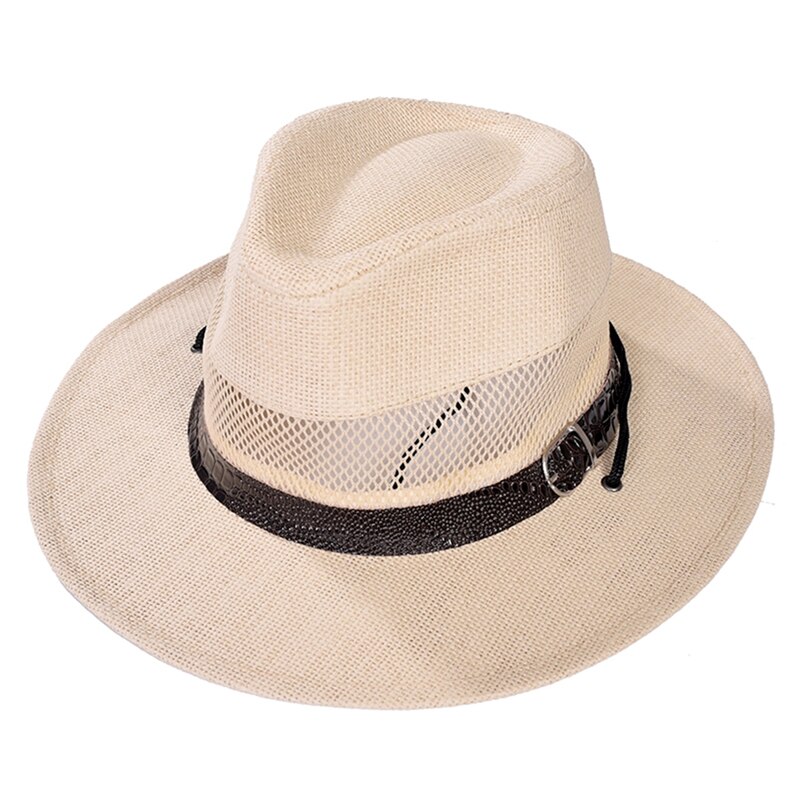 Imixlot Summer Men Straw Cowboy Hat Retro Classic Western England Style Gentleman Bucket Hat with Leather Buckle Decoration