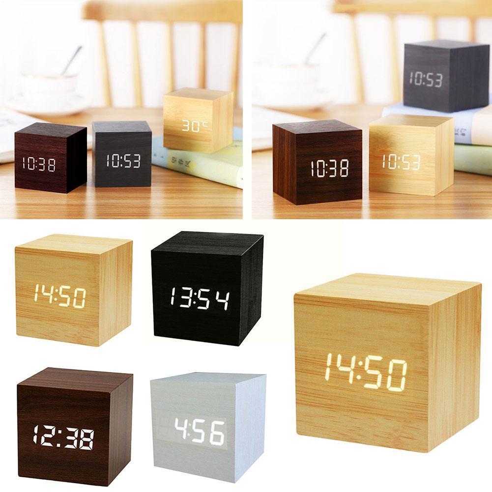 Relojes multifunción LED de madera, reloj despertador de mesa, Control de alarma de escritorio, decoración de madera , voz electrónica Digital, Tabl C1O2