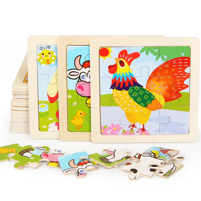 Mini Size 11*11cm Wooden 3D Cartoon Puzzle Jigsaw for Children Kids Cartoon Animal/traffic Puzzles Educational Toy Girl Boy