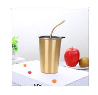 304 Stainless Steel Cup Anti-fall Beer Juice Cup Office Household Simple Metal Coffee Cold Drink Cup Straw Set: C2