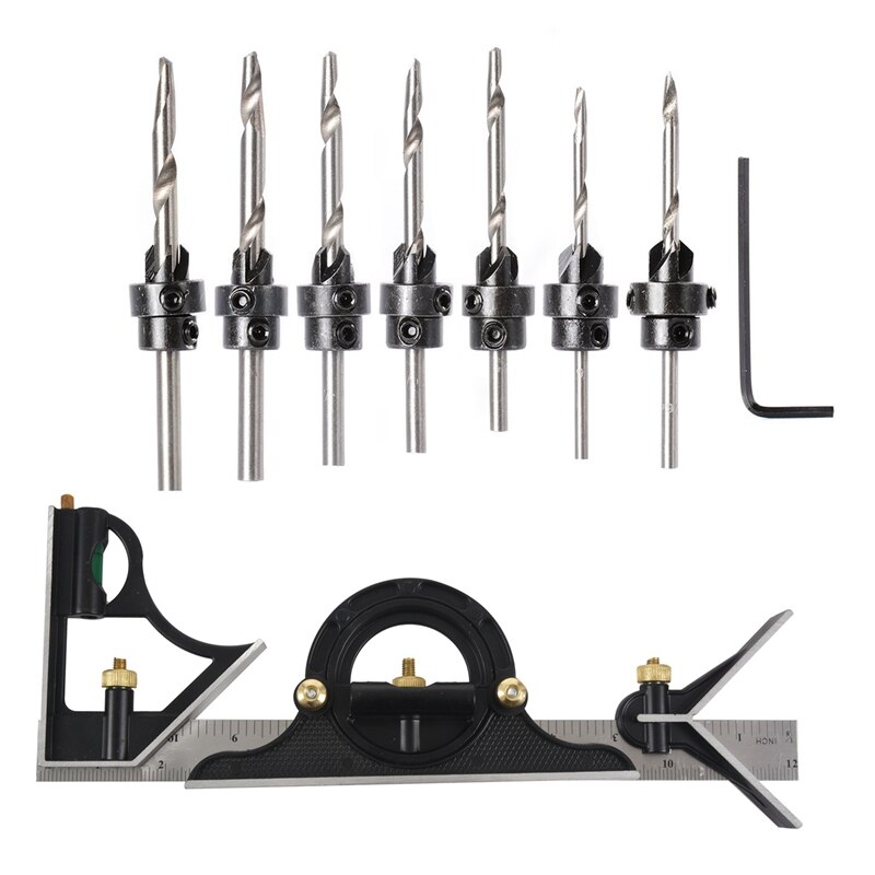 22 Pcs Countersunk Drill Bit Set With Combination Square Set Angle Finder &amp; Protractor Spirit Level Ruler Mitre