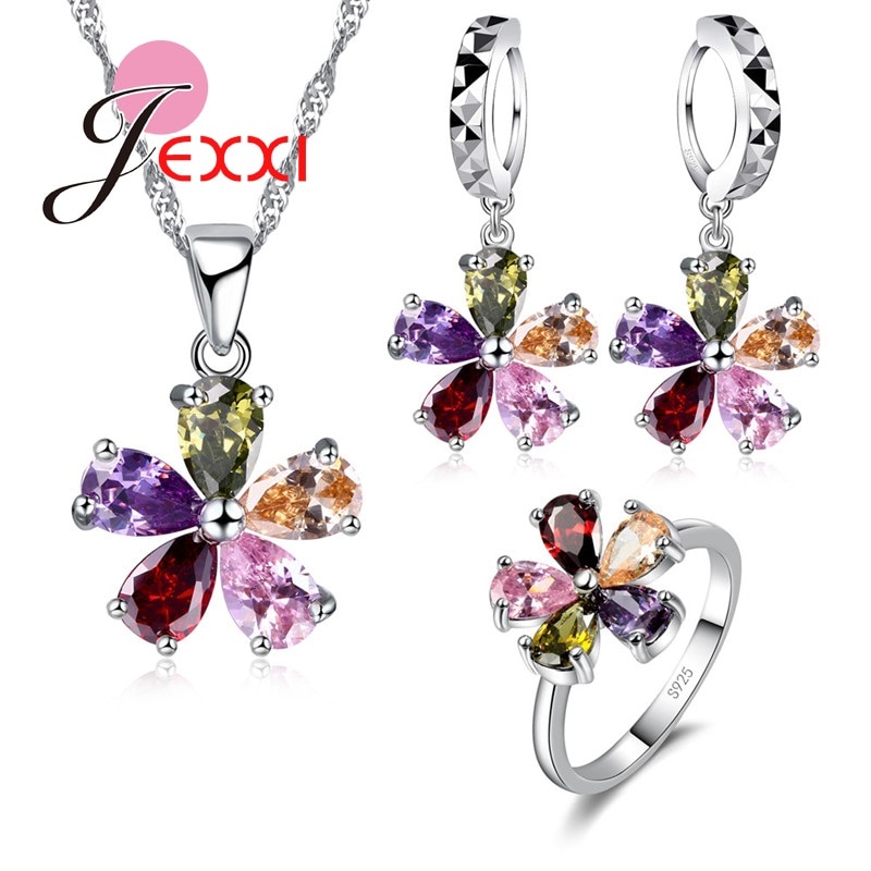 Conjunto de anéis de casamento feminino de cristal zircônia cúbica gota de água colorida prata esterlina 925