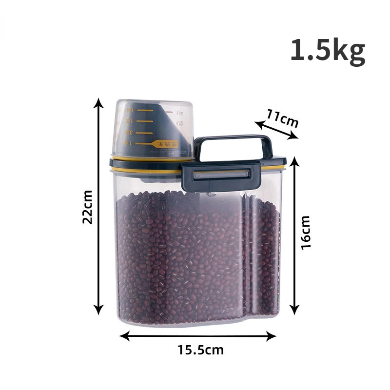 Cubo de comida para perros y gatos, tanque de almacenamiento de plástico con taza medidora, contenedor sellado a prueba de humedad, accesorios para suministros para mascotas, 1,5 kg/2kg: Negro