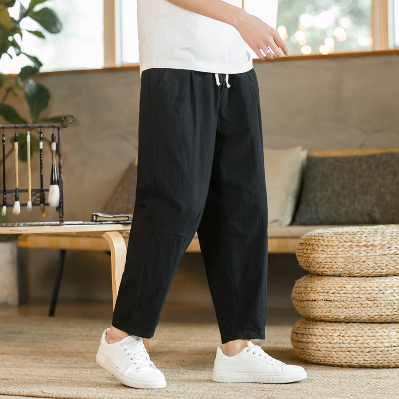 Miesten housut, puuvillaiset pellavahousut, yksivärinen, hengittävät, väljät shortsit, suorat kiristysnyörilliset housut, streetwear-housut