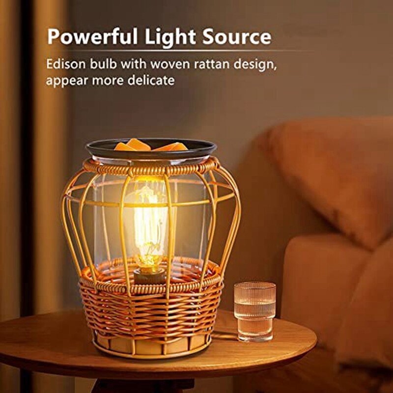 Rattan Glass Woven Wax Burner Fresh Air, Bamboo Rattan Aroma Diffuser Light Night Light Rattan Light US Plug
