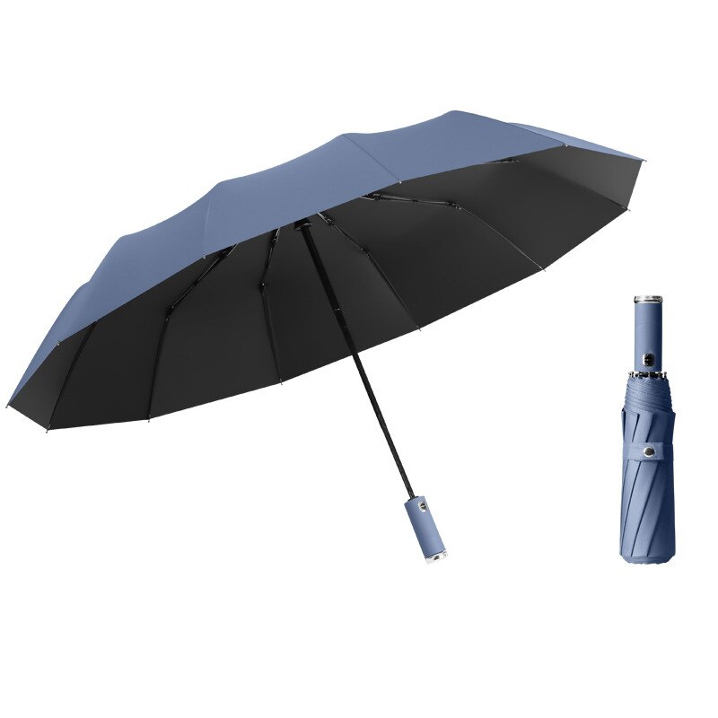 Parapluie pliant automatique à 10 baleines, grand parapluie coupe-vent avec lumière Led, pour femmes, revêtement noir, pour les affaires, Parasol: Bleu
