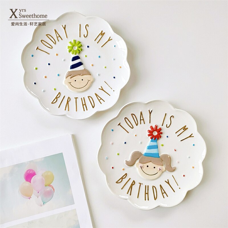 European Style Birthday Plate for Boys and Girls Hand-painted Dessert &amp; Bread Plate Porcelain Candy Plate