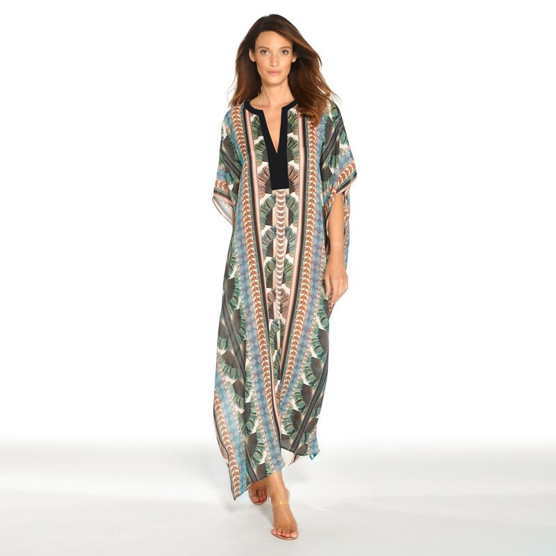 2022 Quick-drying Cover-up Bohemian Printed Summer Dress Cotton Tunic Women Plus Size Beach Wear Swim Suit Cover Up Kaftan Q1047