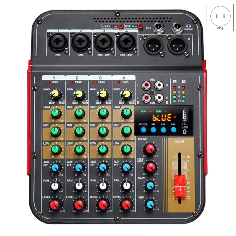 Digital 4-Channel Audio Mixer Console Mixing Console Built-in 48V Phantom Power with BT Function-US Plug