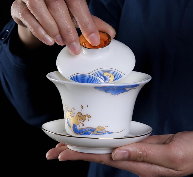 Alta De porcelana blanca cubierta De Jade De porcelana cubierta De Casa De Té sola taza De té gaiwan Sopera De Ceramica