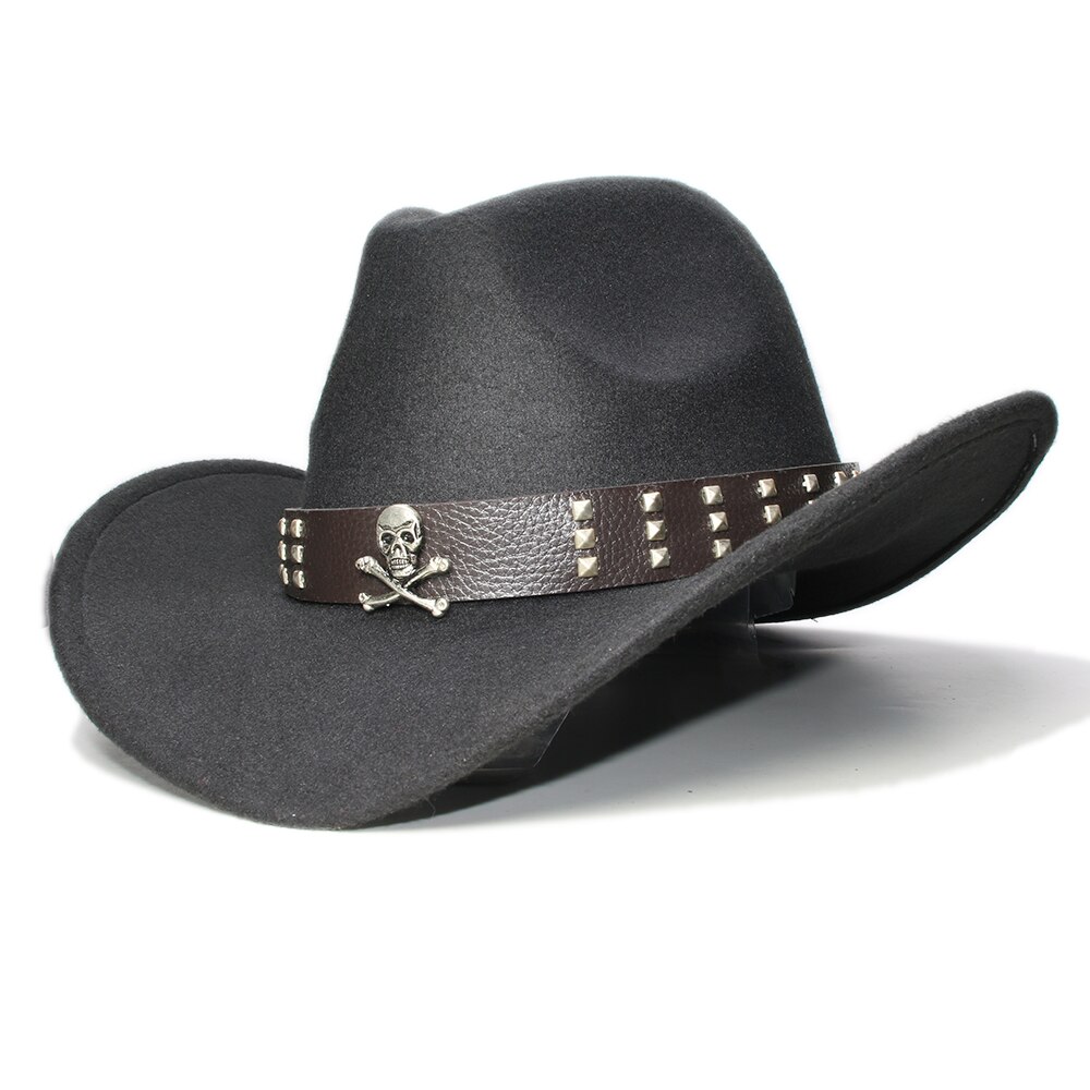 Big Large Plus Size 61CM Retro Women Men Wool Wide Brim Cowboy Western Cowgirl Hat Formal Bowler Cap Skull Leather Band Band: black